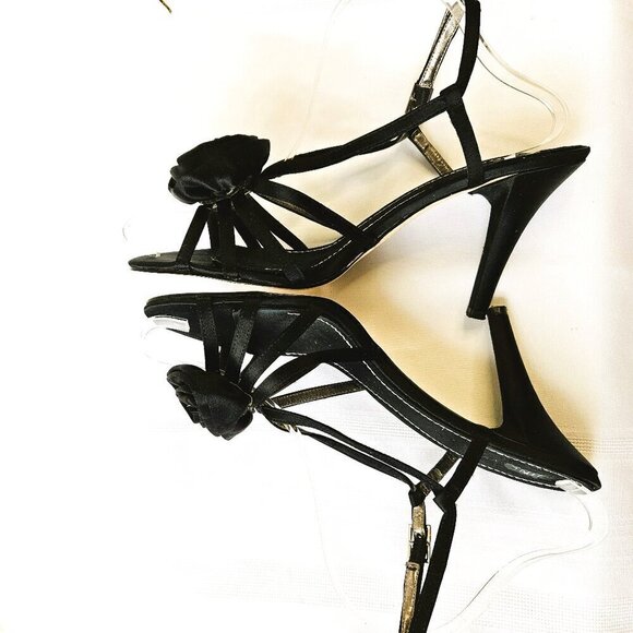Nine West Black Strappy Satin Evening Party Sandal Shoes Size 8.5 M - Picture 1 of 5